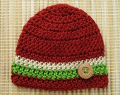Baby boy hat newborn photography photo prop crochet infant beanie, red tan cream green button cap, fall autumn winter Christmas Holiday