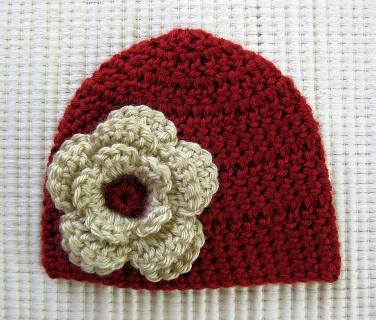 Baby girl hat newborn girl photo prop crochet infant beanie, red tan cream infant cap, fall hat winter Christmas Holiday Photography Prop