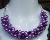 Purple Statement Memory Wire Cluster Necklace and earring set, Purple Jewelry, Jewelry Set, Pearl Necklace, Wedding Jewelry