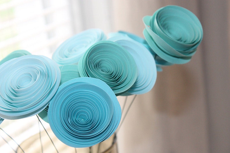 12 Teal/Blue Paper Cardstock Spiral Flowers -  Bouquet - Centerpiece  - Baby Shower Boy - Home Decor - Gift - Party -