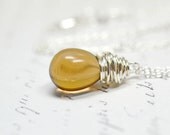 Smoky Quartz Glass Necklace, Gray Brown Glass Pendant, Delicate Wire Wrapped Necklace Bridesmaid Jewelry