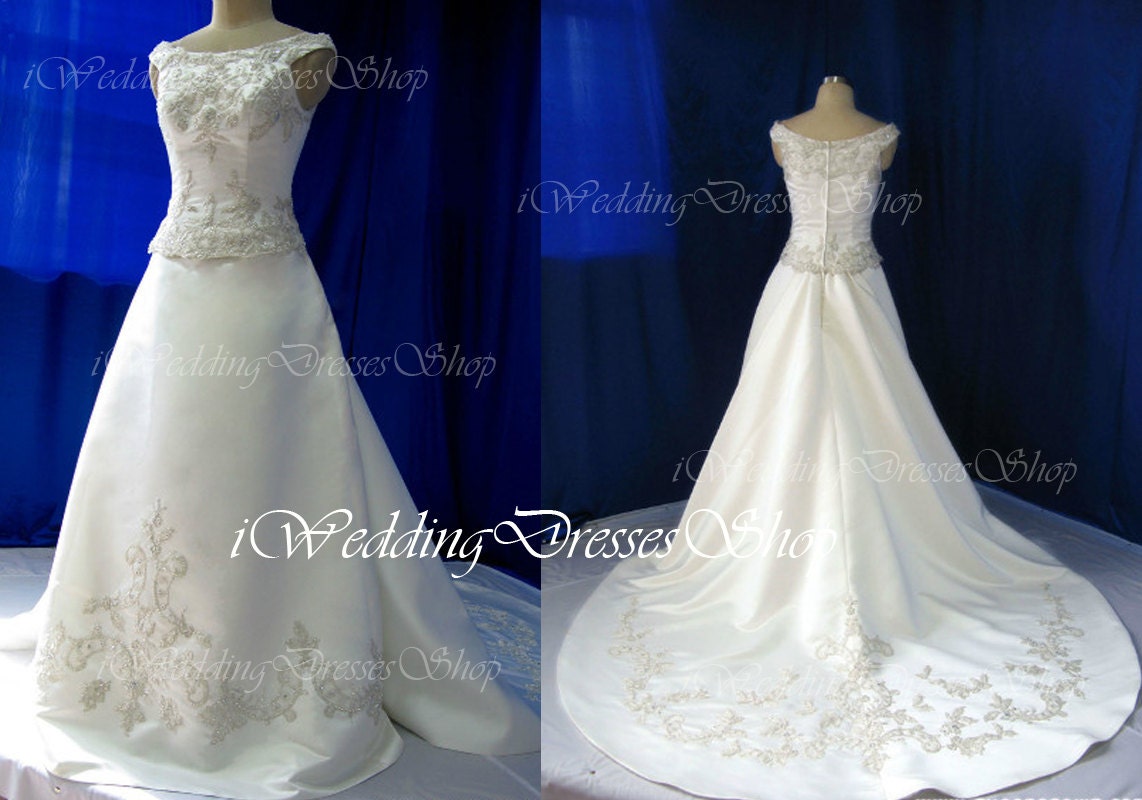 A Line Off the Shoulder Scoop Neck Court Train Elegant Lace with Embroidery Wedding Dresses Vintage Bridal Gown, Wedding Gown