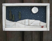 Upcycled Wood Picture Pine Trees Snow Hills Night Sky Half Moon Red Cardinal in Rustic Painted Wood Shadow Box Frame, "Wintry Moon Beams" - sunprairievintage