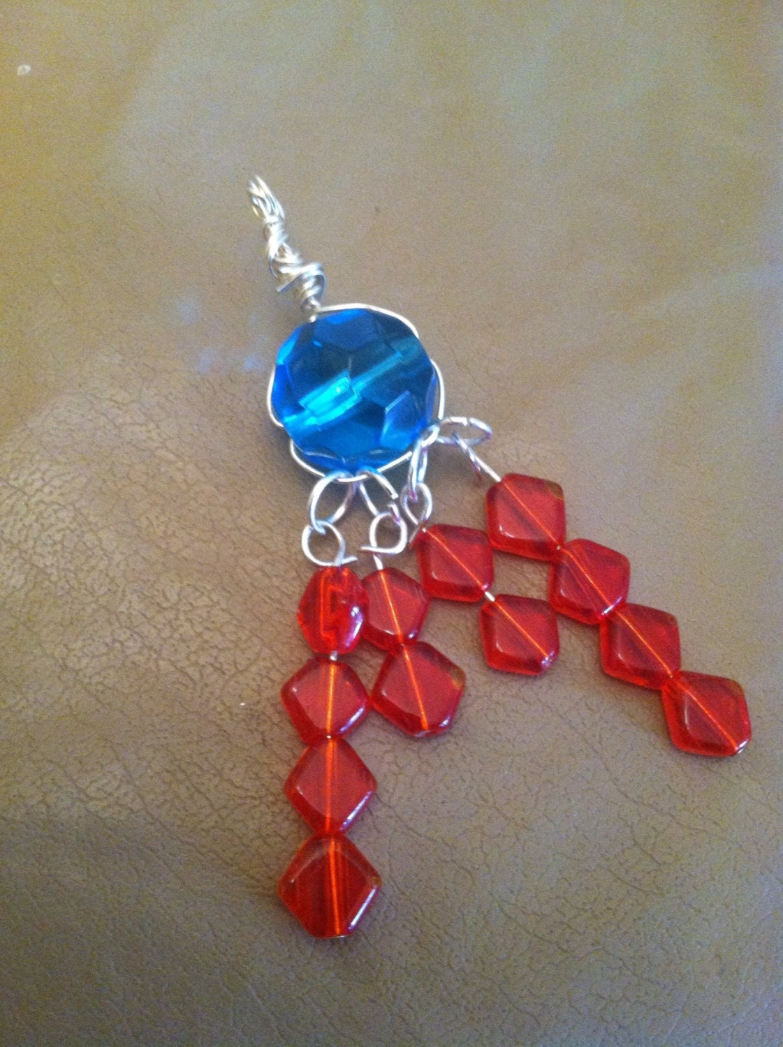 Handmade metal wrapped turquoise and red glass gemstones pendant dangle. Unique pendant for necklace or any project diy jewelry. Mothers day
