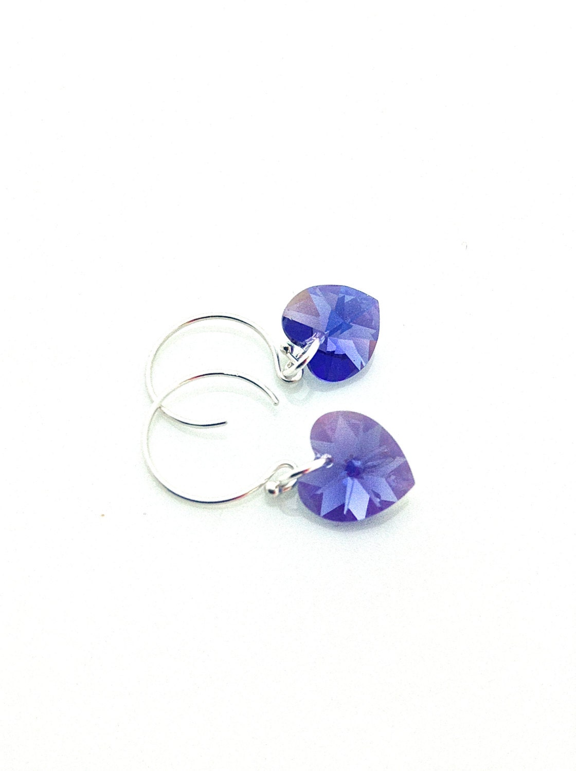 Purple Heart Earrings, Tanzanite Jewelry, Tiny Heart Earrings, Small Heart Earrings, Silver Hoop, Sterling Silver, Crystal Heart, Girl Gift