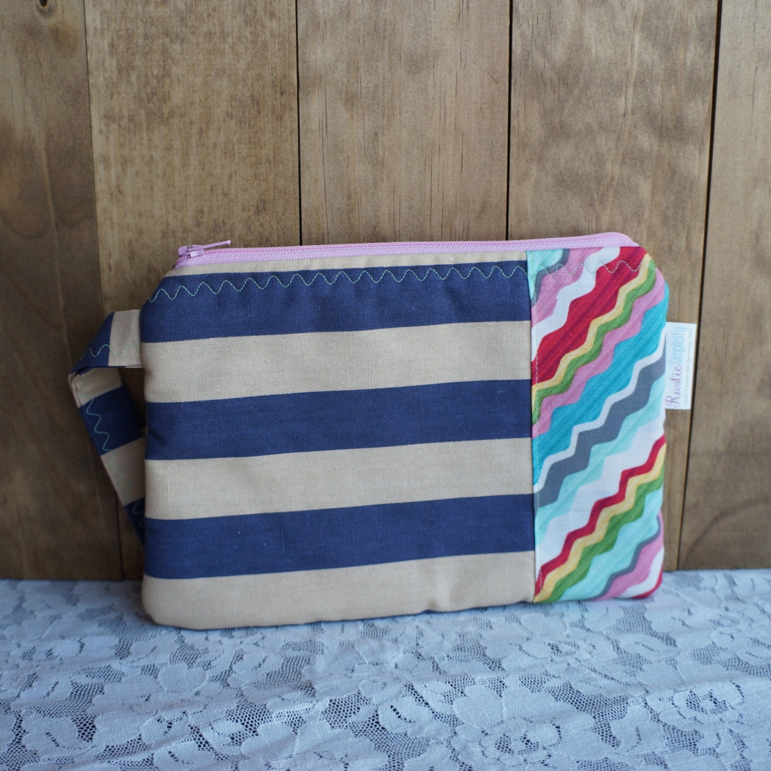 RS wristlet, small cosmetic bag, small travel tote, handmade, nautical, waves, navy blue, tan, multicolor, summer, on the go