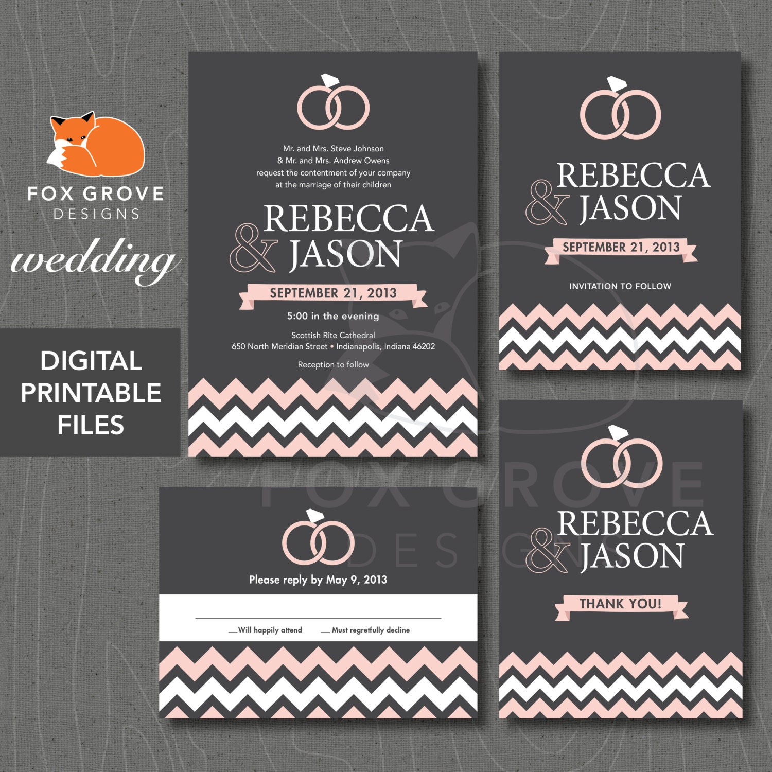 Wedding Suite: Invitation, RSVP, Save the Date, Thank You / "Rings" / Customizable, Printable Digital Files / Printing Available in U.S.