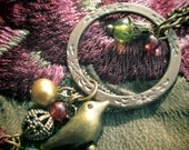 Eternity ring necklace earrings set, bird filigree teardrop, freshwater pearls garnet peridot, antique brass - "Secret garden" (120507)
