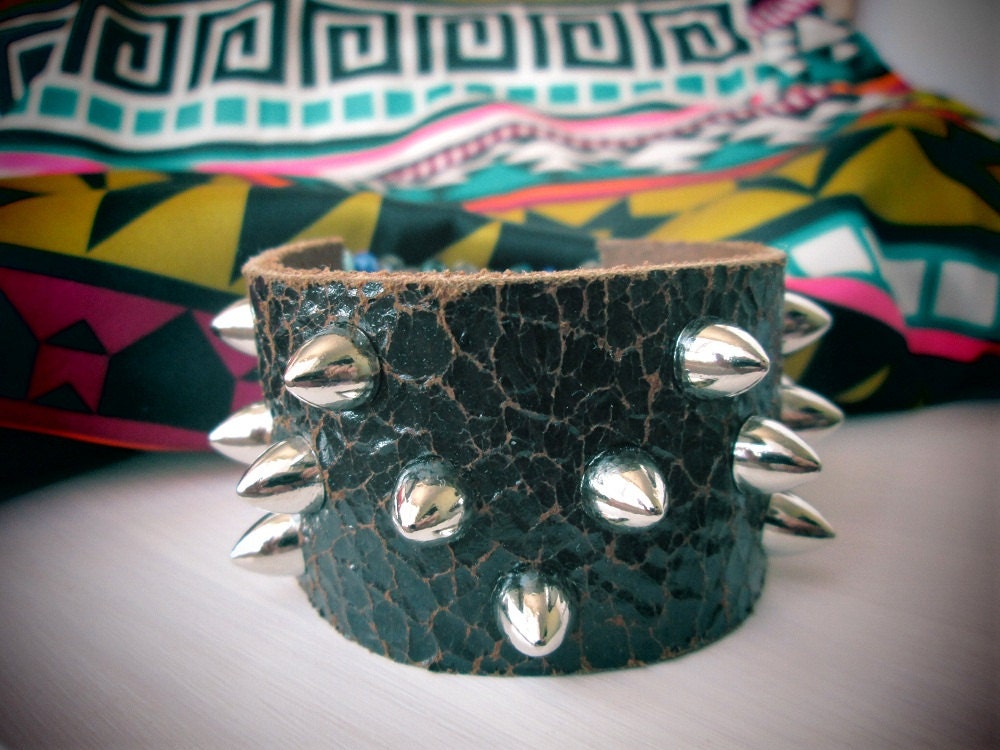 Tribal spiked leather cuff / with hippie style influence/upcycled/turquoise/ unique design/ shabby chic jewelry