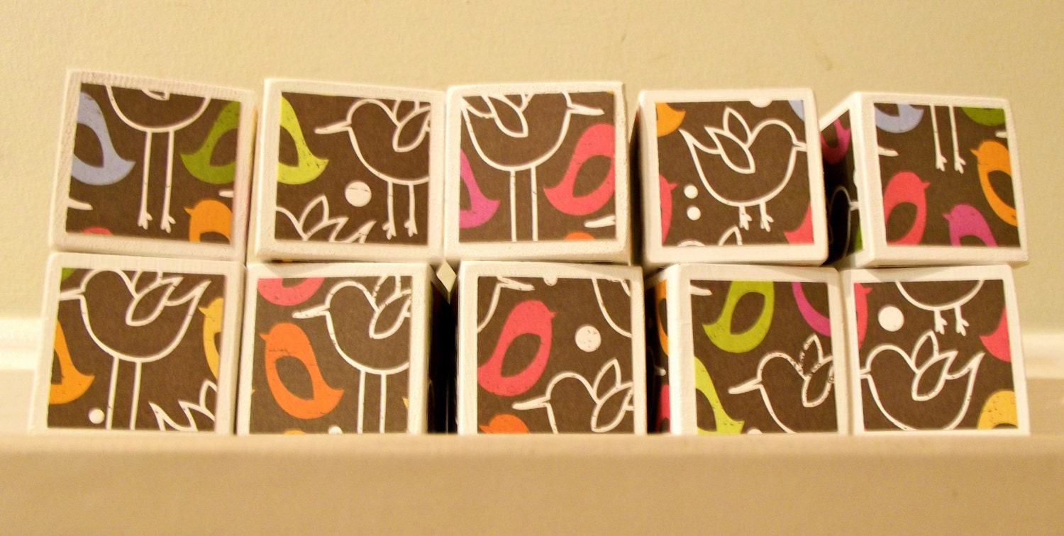 CLEARANCE SALE - Baby Shower, Toddler, Children's Gift - Set of 10 White and Brown Bird Wooden Toy Blocks