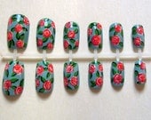 Handpainted, Retro Print, Floral, Vintage Roses on Baby Blue False Nail Set