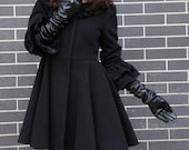 women's Princess style cute bow Fitted Wool Coat jacket black Cape coat spring coat  S-XL