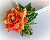 Burnt Orange Grace Rose hair clip/floral hair accessory/valentines/party/girl/engagement/flower/race fascinator/green leaves/costume