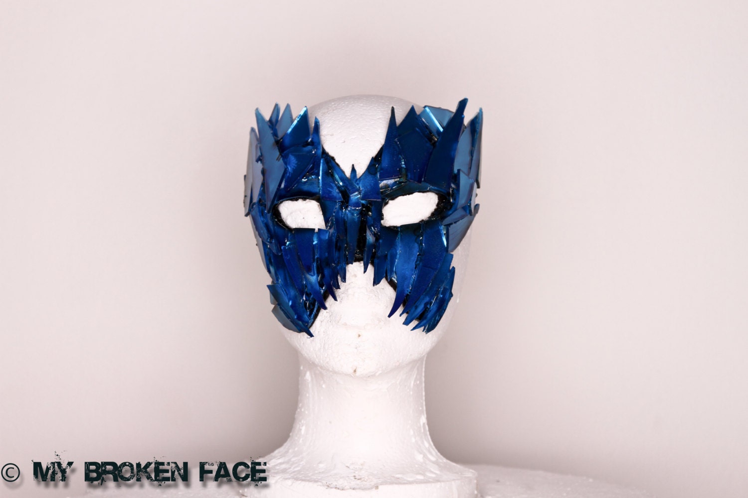 Cloud Reaper.. Masquerade Mask made of Broken Mirrors, painted Candy Blue with LEDs
