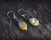 Silver and howlite dangle, earrings,stone, unique, handmade, yellow, white, grey, oval, round, small, for her, metal, marble pattern