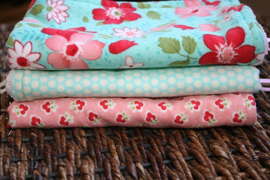 Set of three beautiful baby girl teal and pink burp rags (cloths)