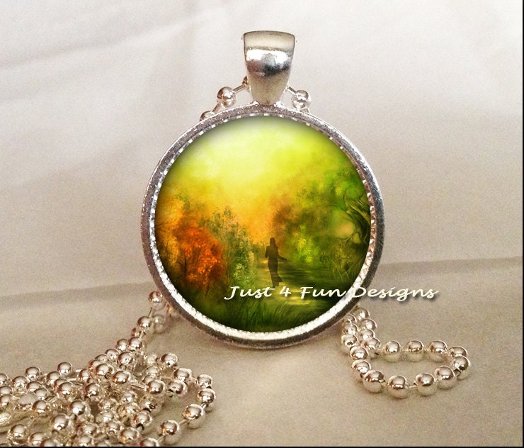 Altered Painting Silver Pendant Bottle Cap Handmade Romance Vintage Contemporary Trees Houses Sunset Seaside Jewelry
