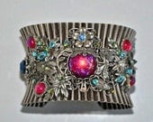 Filigree Cuff Bracelet,Huge Cuff,Antique Silver,MEXICAN OPAL,Dragon Breath,Vintage Style Bracelet,Bridal,Victorian,Large,Art Nouveau
