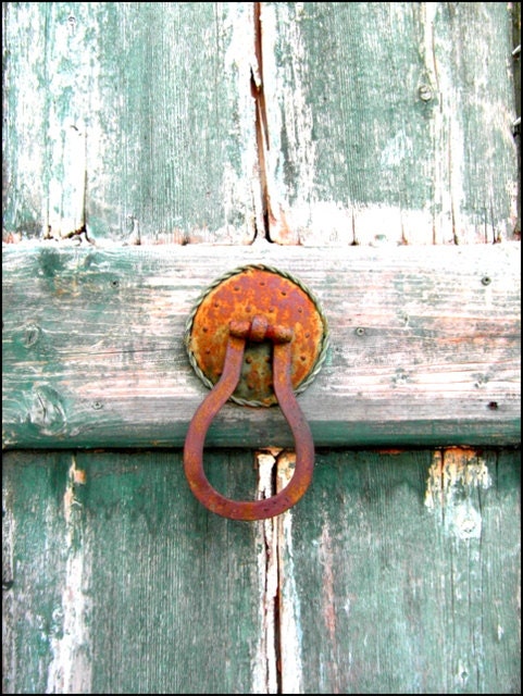 Greek green door with rusty handle, "I love greece" fine art print photography
