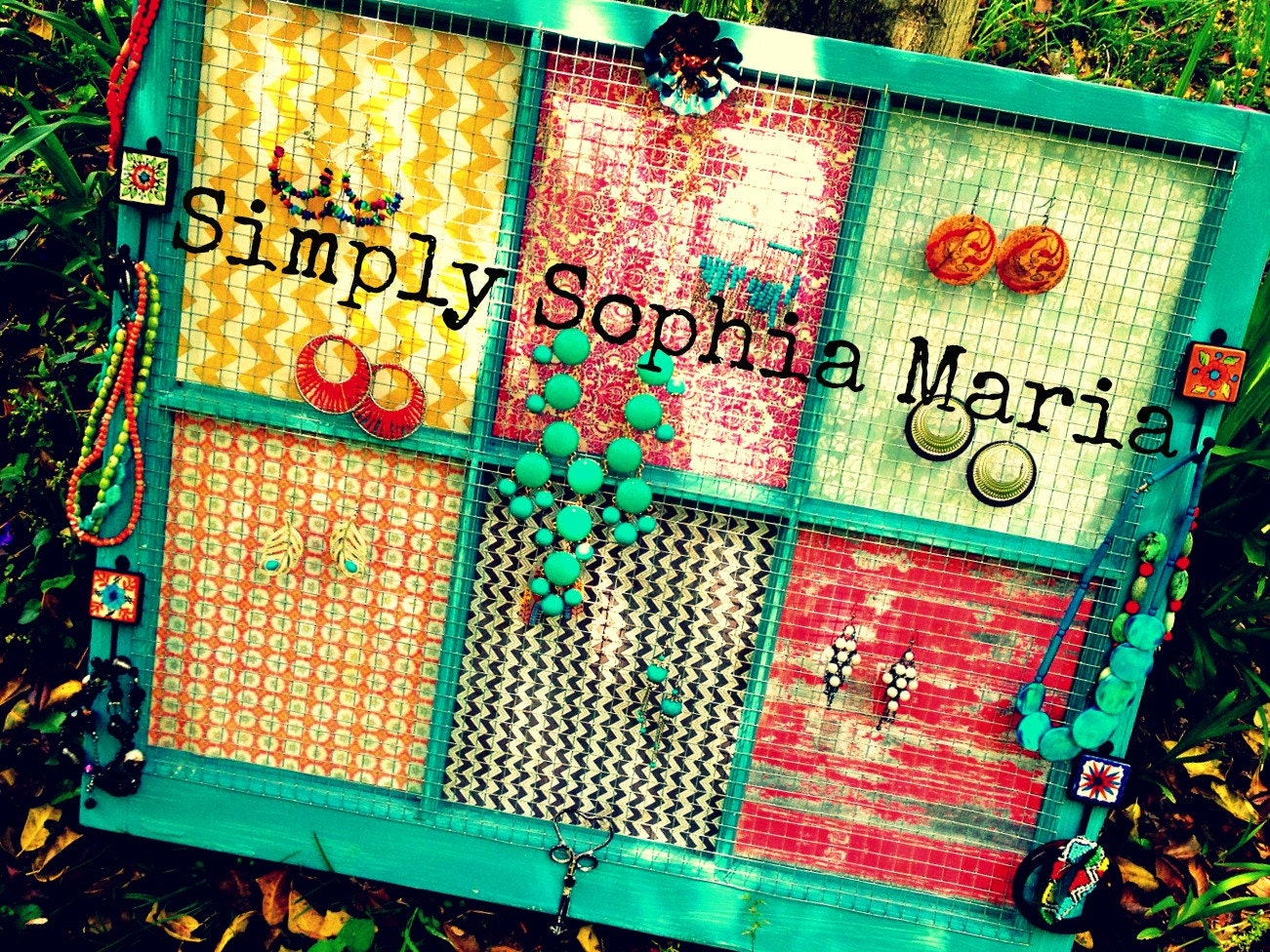 Window Jewelry Holder -Vintage Distressed Aqua Window with Chicken Wire - Jewelry Display