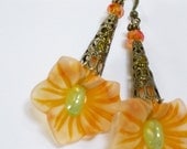 Lucite Flower Earrings Spring 50%  OFF SALE   Creamsicle Orange Vintage Style, Antique Filigree, Summer Beach Handmade