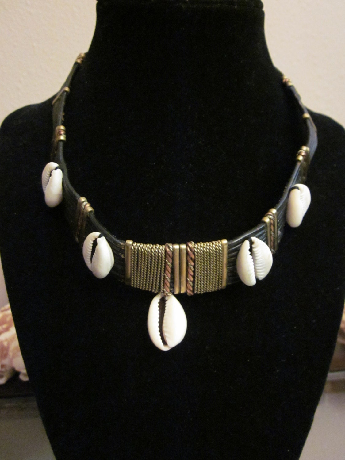 African theme cowie shell necklace/choker, leather, brass, silver, bronze, copper, cowie shells. Made in love.