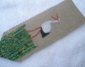 Stork on a meadow bookmark spring bird flowers unique handmade embroidery needlecraft linen evenweave