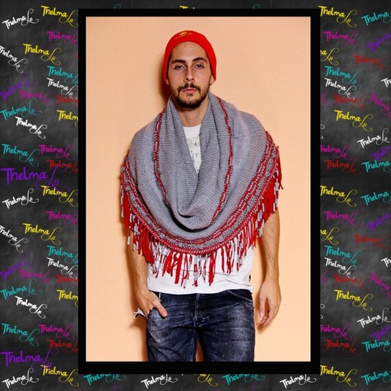 Red & Gray Up Cycled  Fringe Infinity Scarf, Hipster, one of a kind, UNISEX