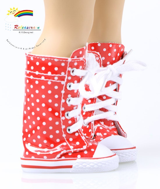 Knee High Lace-Up Sneakers Boots Doll Shoes Patent Red with White Dots for 18" American Girl dolls