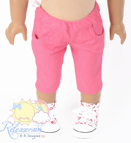 Doll Clothes Outfit Elastic Banded Waist Cherry Pink Denim Capri Jeans Pants for 18" American Girl dolls