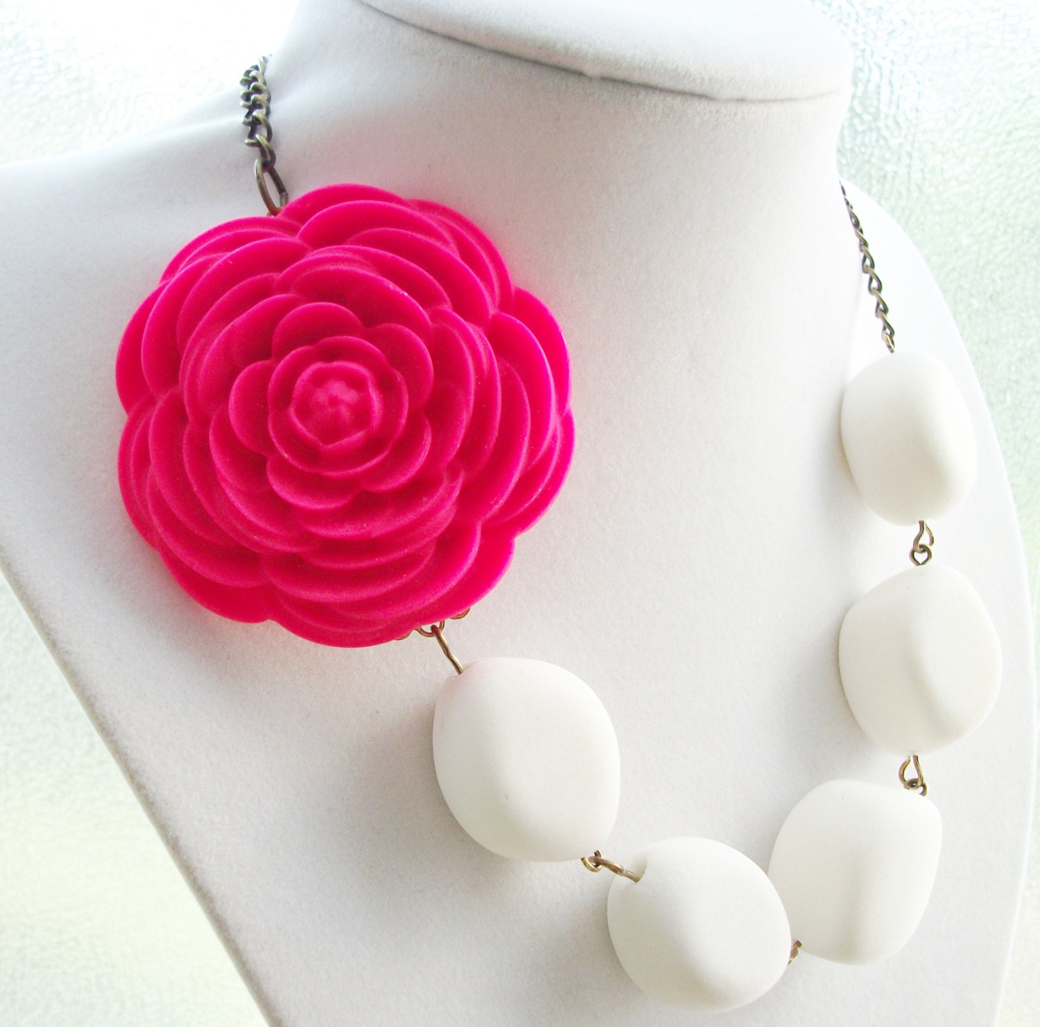 Statement Necklace,Hot Pink Necklace,White Stone Necklace,Flower Necklace,Pink Jewelry,Bridesmaid Necklace,Beaded Necklace,Wedding Jewelry