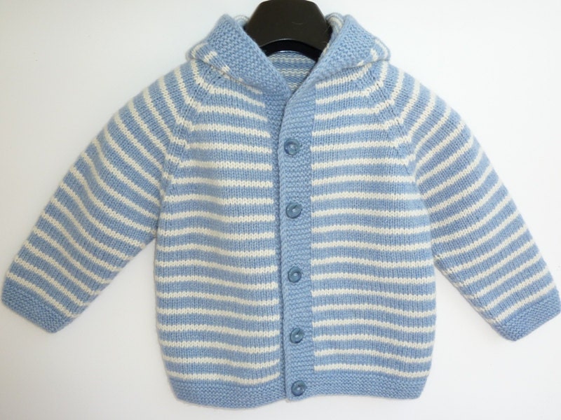 Baby hoodie, 2 years, lambswool and angora, hand knitted, sweater with hood, hooded cardigan, jacket, blue and white, 2T