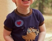 Unisex "Hedgehog Love" Knit T-Shirt..Applique Shirt..Ringer Tee..Short Sleeve..Childrens Clothing..Boys Shirt..Girls Shirt..Blue..Brown
