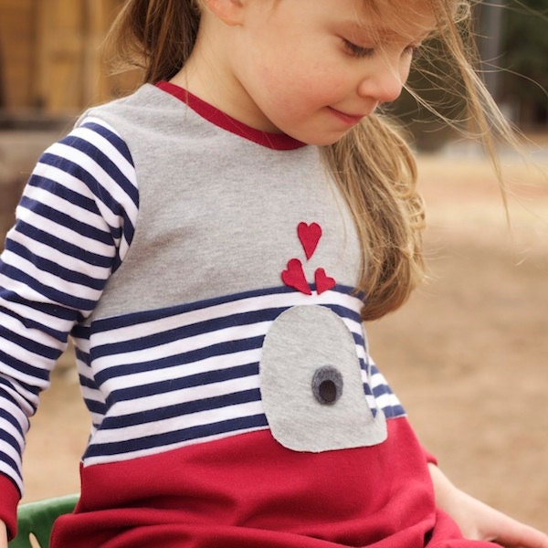 Girls Whale Appliqué Long Sleeve Upcycled Dress..Ready to Ship..Recycled Clothing..Size 3T..OOAK..Children's Clothing..Kids Clothing