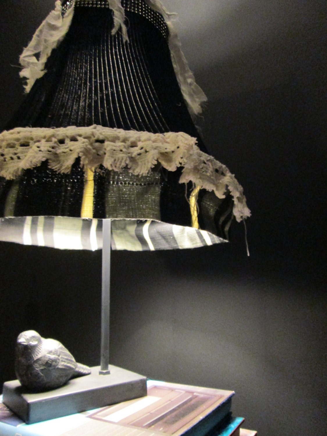 eco friendly, repurposed fabric, grey, black and off white, stripes, eclectic, artist made, ooak lamp shade
