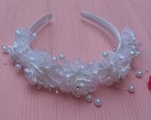 White Flower Girl Headband, Handmade Lace Flowers & Pearls Hair Accessories, Flower Girl-Wedding-Bridemaid-First Communion-Special Days