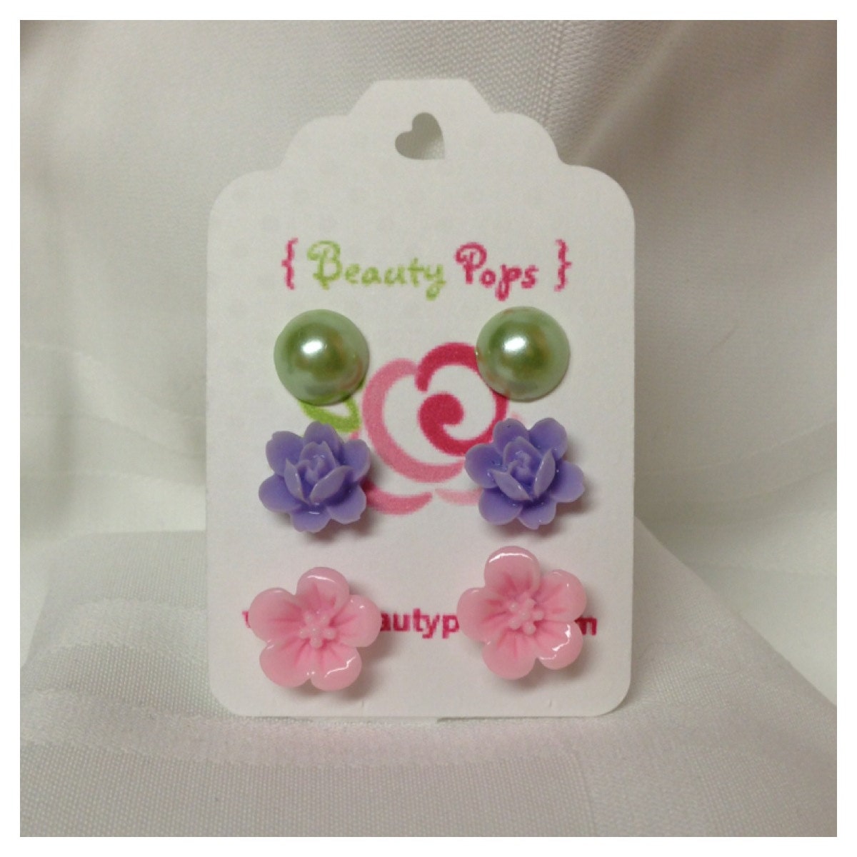 Green Pearl, Purple Orchid and Pink Hibiscus Earring Mix