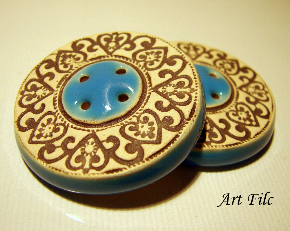 2 Big Art Ceramic Buttons Unique Turquoise Blue One of a Kind with Ornaments Original Decoration Eyecatching Brown Beige Decor Fashion Clay - ArtFilc