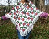 handmade mexican hippie folk art wool  poncho LITTLE FLOWER woven and floral  hand embroidered bohemian ethnic gypsy woodstock flower