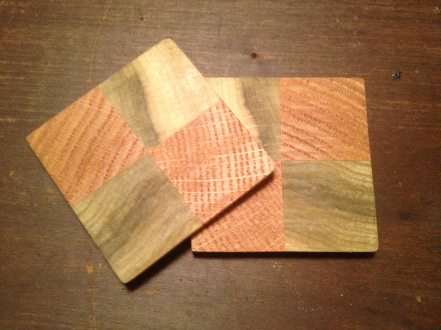 Handmade Wooden Checkerboard Coasters - SMALL - Poplar, Red Oak, and Aspen - Waterproof - Set of 4