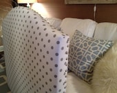 Twin Upholstered Camelback Headboard, " GREY DOTS", large silver nailhead