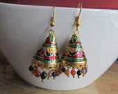 Meenakari Cone Multi Color Chandelier Earrings - Jhumka, bollywood, Indian, pearls, drop, statement, earrings, dangle, hoop