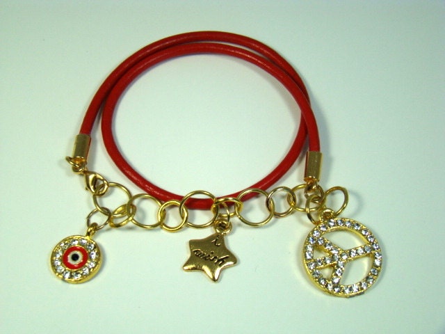 Red Leather and Chain Double Wrap Bracelet, Friendship Bracelet, Charm Bracelet, Double Leather Wrap, Jewelry for Her, Gifts for Her