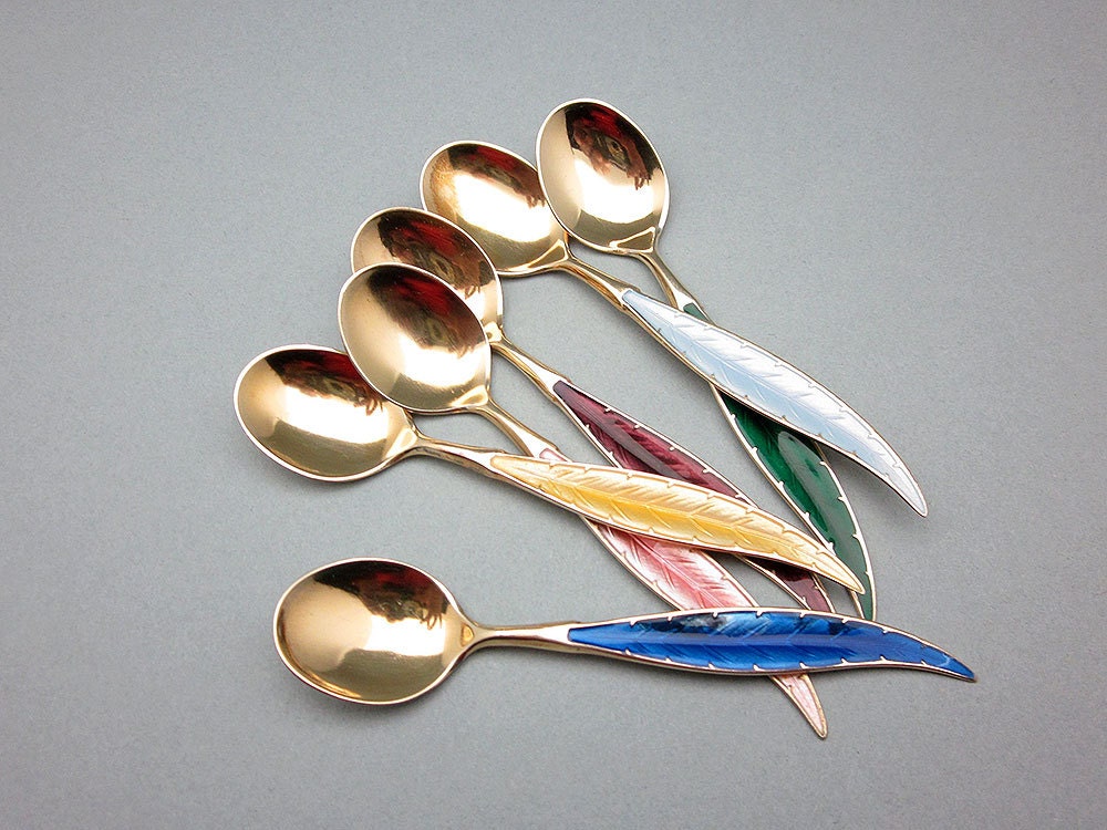 Ottar Hval set of 6 vintage 1950's Norwegian gilded Sterling Silver & guilloche enamel tea spoons