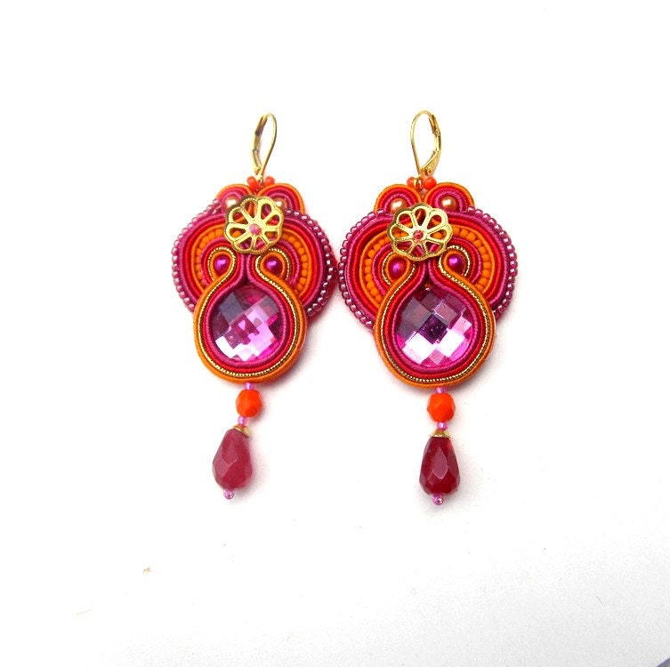 Fuchsia Soutache Earrings with Toho Beads Zircons Faceted Ruby Soutache Braid Glamour and Shiny Style Gift For Her Colorful