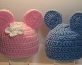 TWIN SET Pink Baby Minnie Mouse crochet hat, Blue baby Mickey Mouse Crochet Beanie  Hat , SiZES AVAiLABLE Preemie Newborn Infant Toddler