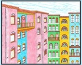 Modern Wall Art, Copic Markers, Illustration, Bedroom, Home Decor, City, Apartments, Pink, Green, Yellow, Room with a View- 8 x 10 Print