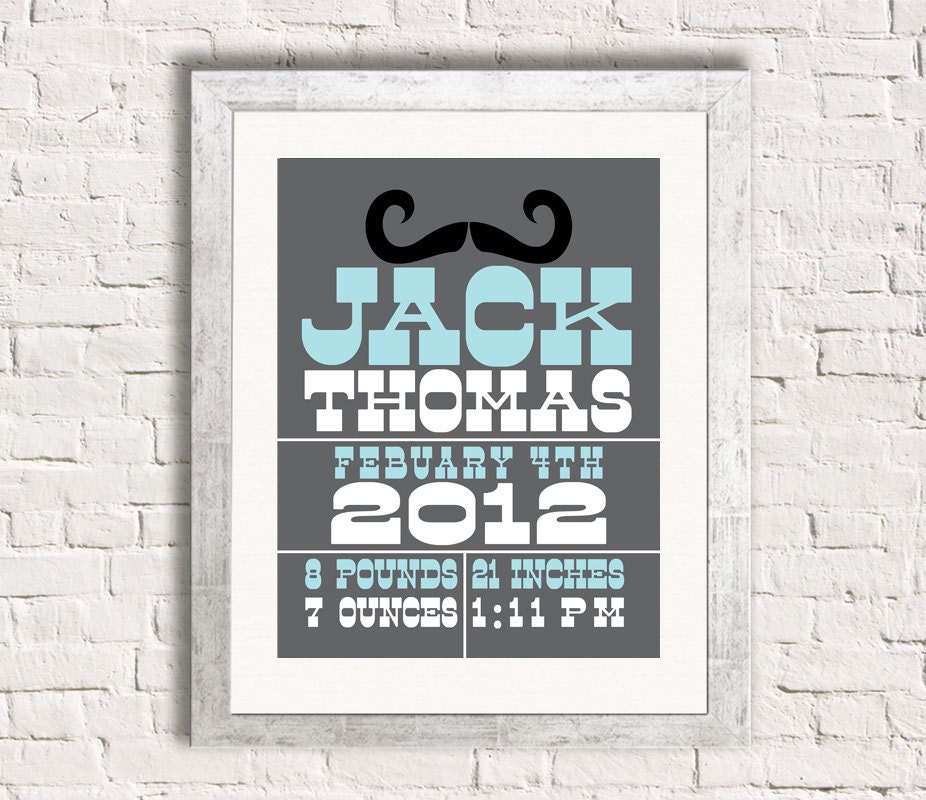 Personalized Moustache Baby Birth Stats 8x10 Personalized Custom Mustache Newborn Boy Wall Typography Art Print Nursery Gift