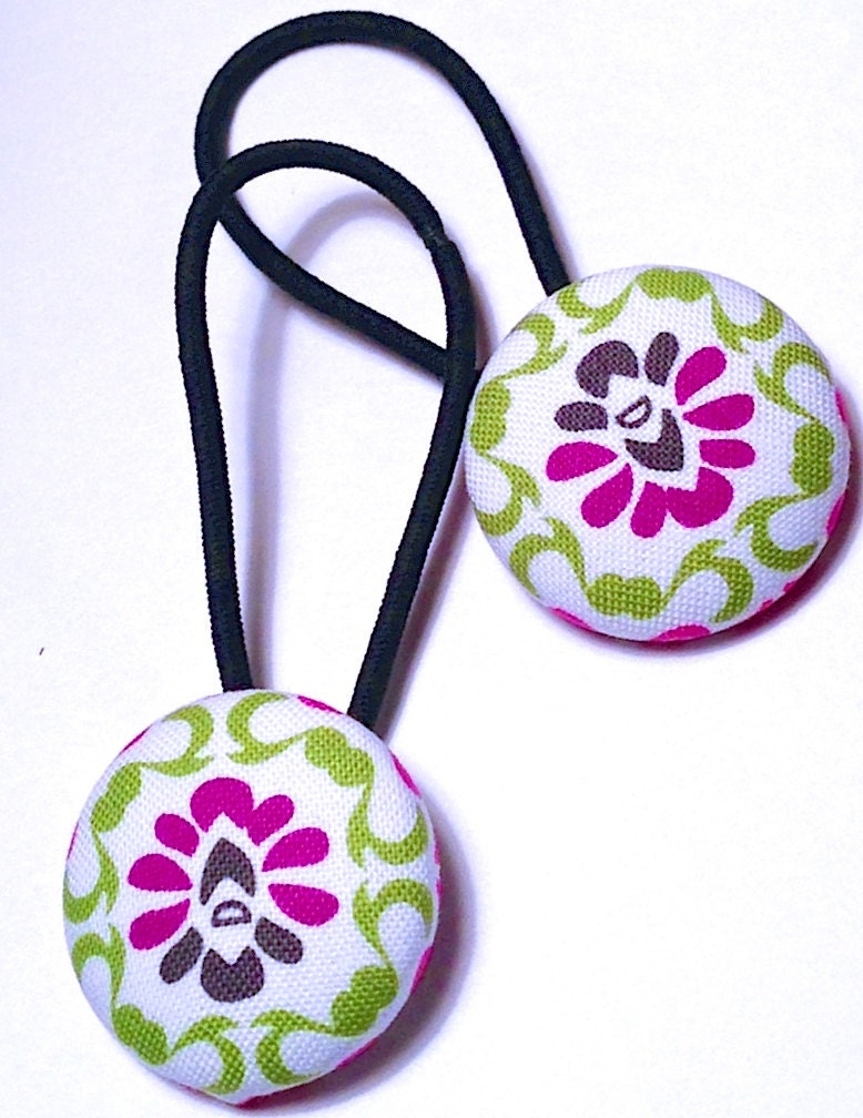 Set of 2 Ponytail Holder/Hair Accessory with Fabric Covered Button/ Free Shipping