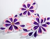 FREE SHIPPING. Set of 3 pieces. Violet, pink and white. Kanzashi fabric flowers. Hair accessories. Girl clip. Girl ponytail. Clip. Berrette.